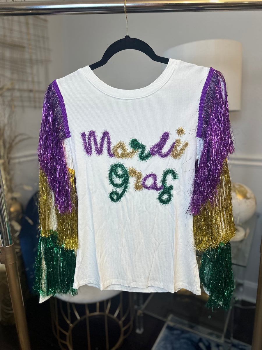 MARDI GRAS TIERED TINSEL FRINGE LETTERING KNIT TOP WHITE – M. LOU CLOSET