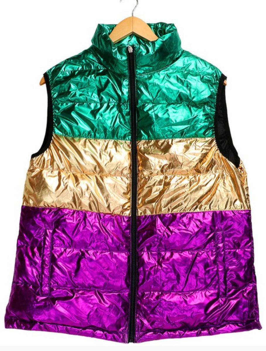 mardi gras puffer vest